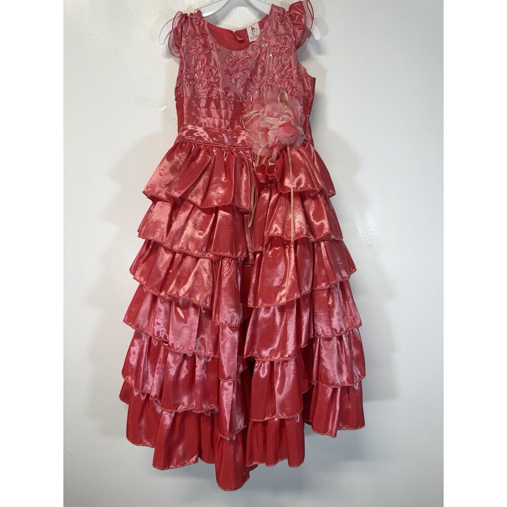 Vintage ANDY Girls 80s/90s Red Sequin Tiered Prom Maxi Dress Y2K Sz 4 In